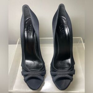 GUCCI satin bomboo heels peep toe platform sz 39.5 made in italy